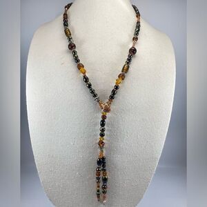 Stunning Necklace Yellow Green Black Glass Beaded Lariat Style Unsigned